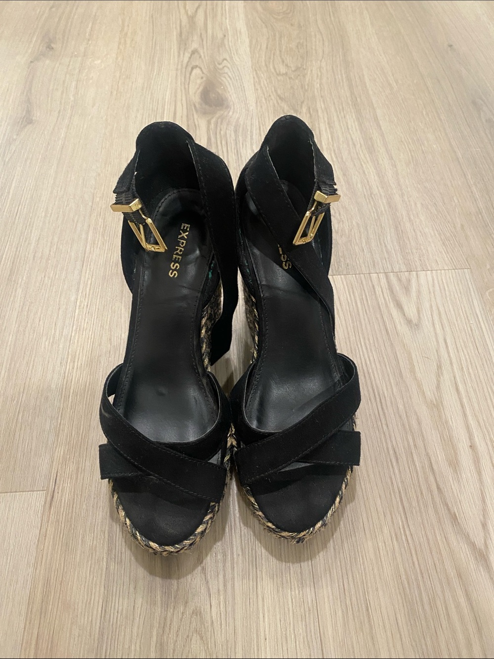 Express Black Wedge Espadrille Sandals with Gold Buckles